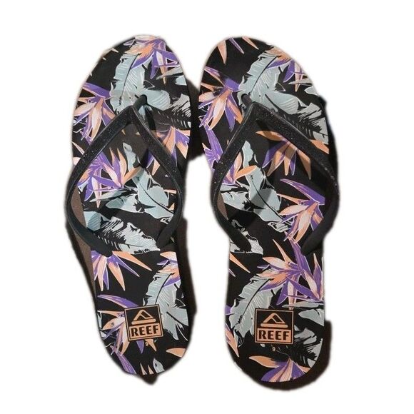 WOMEN'S REEF BLACK/FLORAL PARADISE GLITTERY MIST PRINTS FLIP FLOP SANDALS SIZE 9 - Picture 1 of 3
